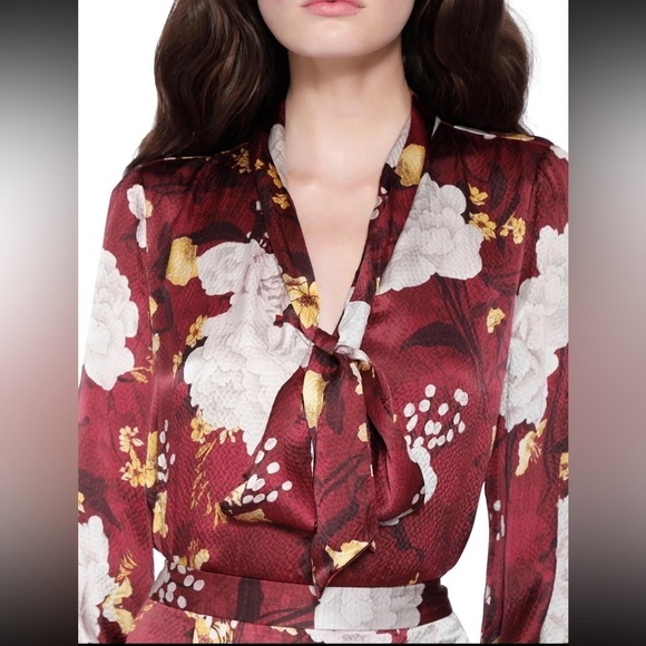 Alice + Olivia Maroon Floral Blouse with Neck Tie - Picture 2 of 13